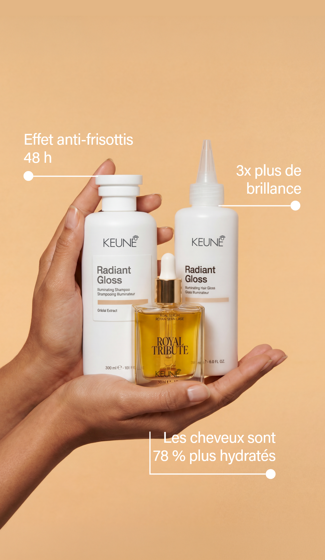 Shampooing Radiant Gloss est parfait pour cheveux secs et ternes. Sa formule légère combat les frisottis, laissant tes cheveux brillants et sains – produits capillaires Keune sur keune.ch. 