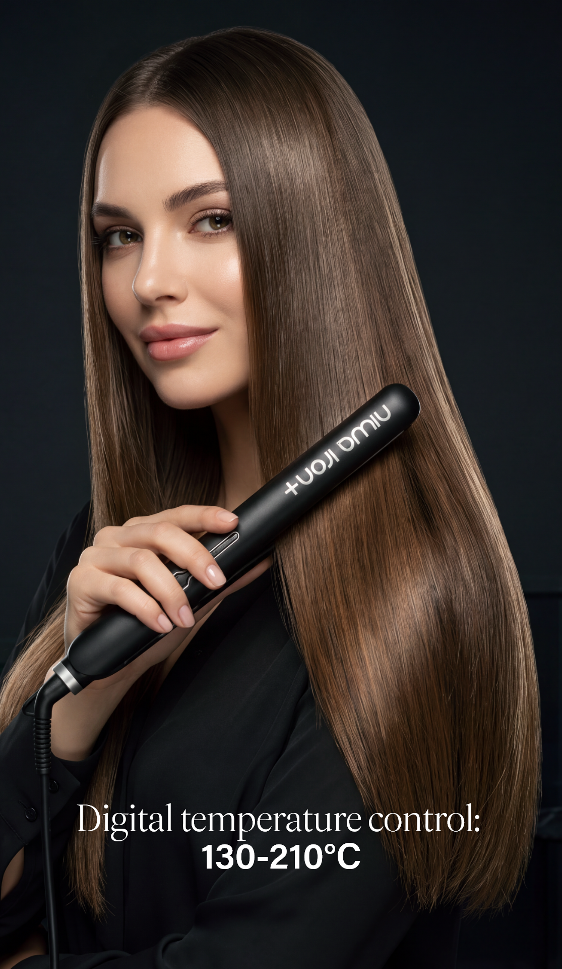 Woman with long, sleek hair using the niwa iron+